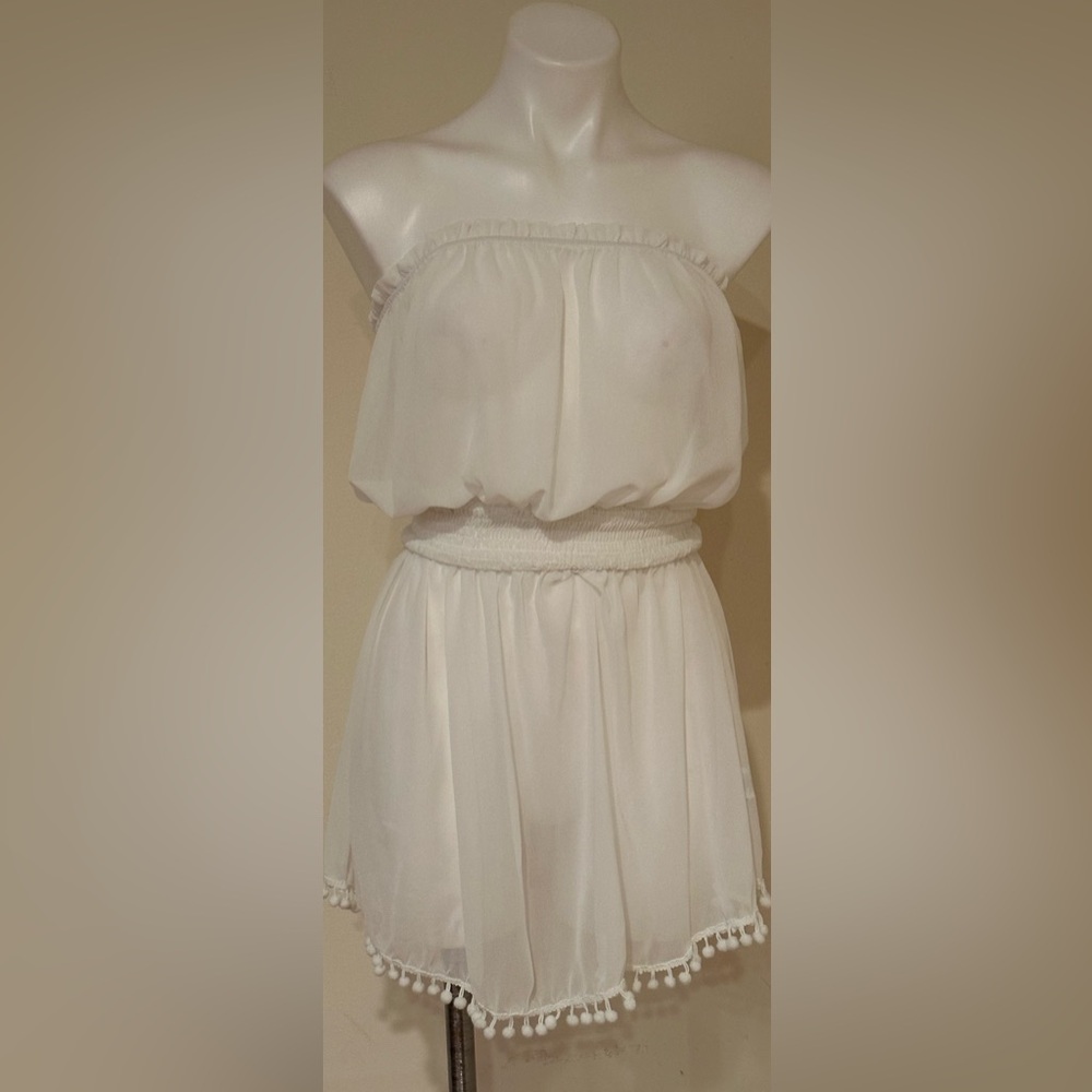 CUPSHE White Sheer Strapless Bathing Suit Cover Up with Pom Pom Hem Sz S/M